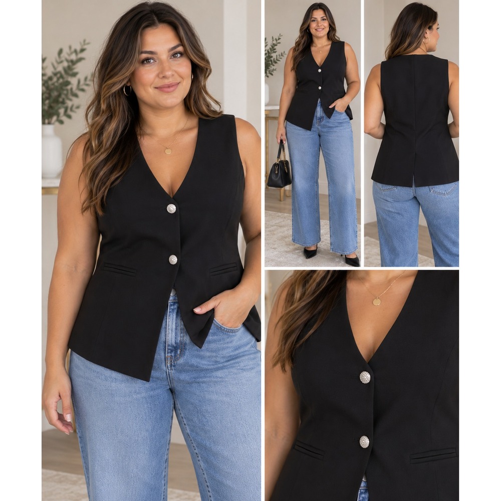 NWT Monteau Los Angeles Women's Black Button Front Vest Sleeveless XL